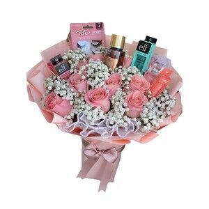 Pink Makeup Bouquet Gift | 6 Beauty Items & Roses | Girly Gift for Her